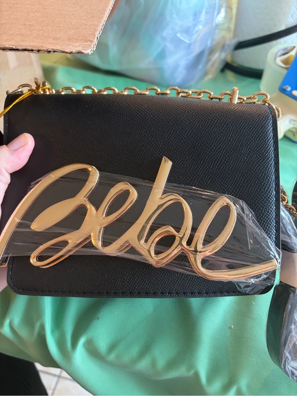 bebe Black Mini Shoulder Bag with Gold Logo Script
